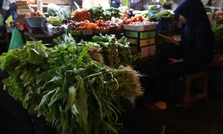 Pedagang sayur memeriksa gawai di samping tumpukan sawi dan kangkung di Pasar Dahlia, Pontianak, Kalimantan Barat.
